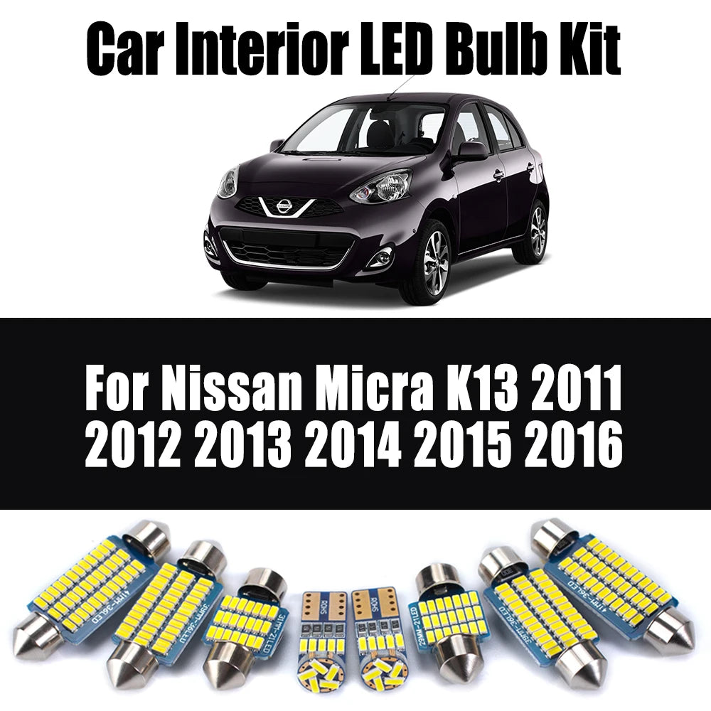 8Pcs Canbus LED Interior Light Kit For Nissan Micra K13 2011 2012 2013 2014 2015 2016 Car Reading Bulb License Plate Trunk Lamp