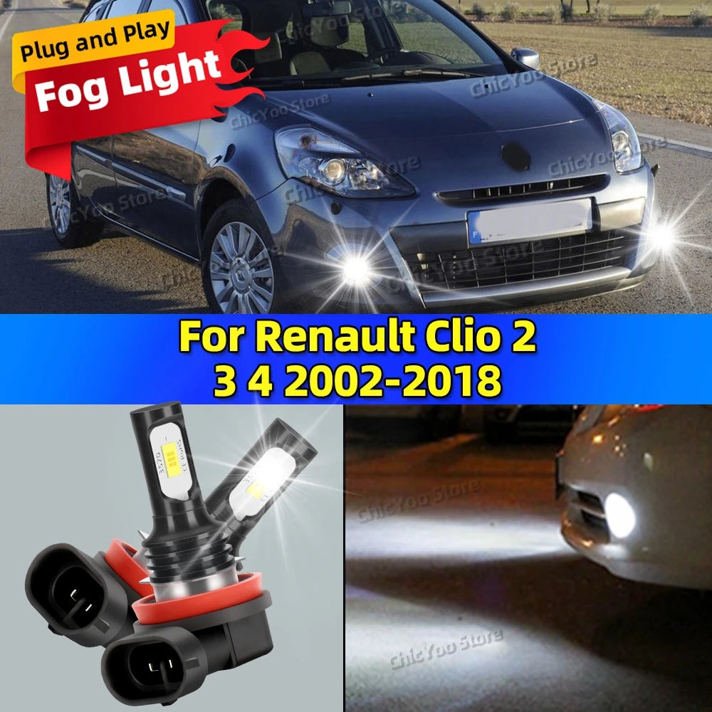 2pcs LED Bulbs Car Fog Light 6000K Anti-Glare Lamp For Renault Clio 2 3 4 2002-2018 2003 2004 2005 2006 2007 2008 2009 2010 2011