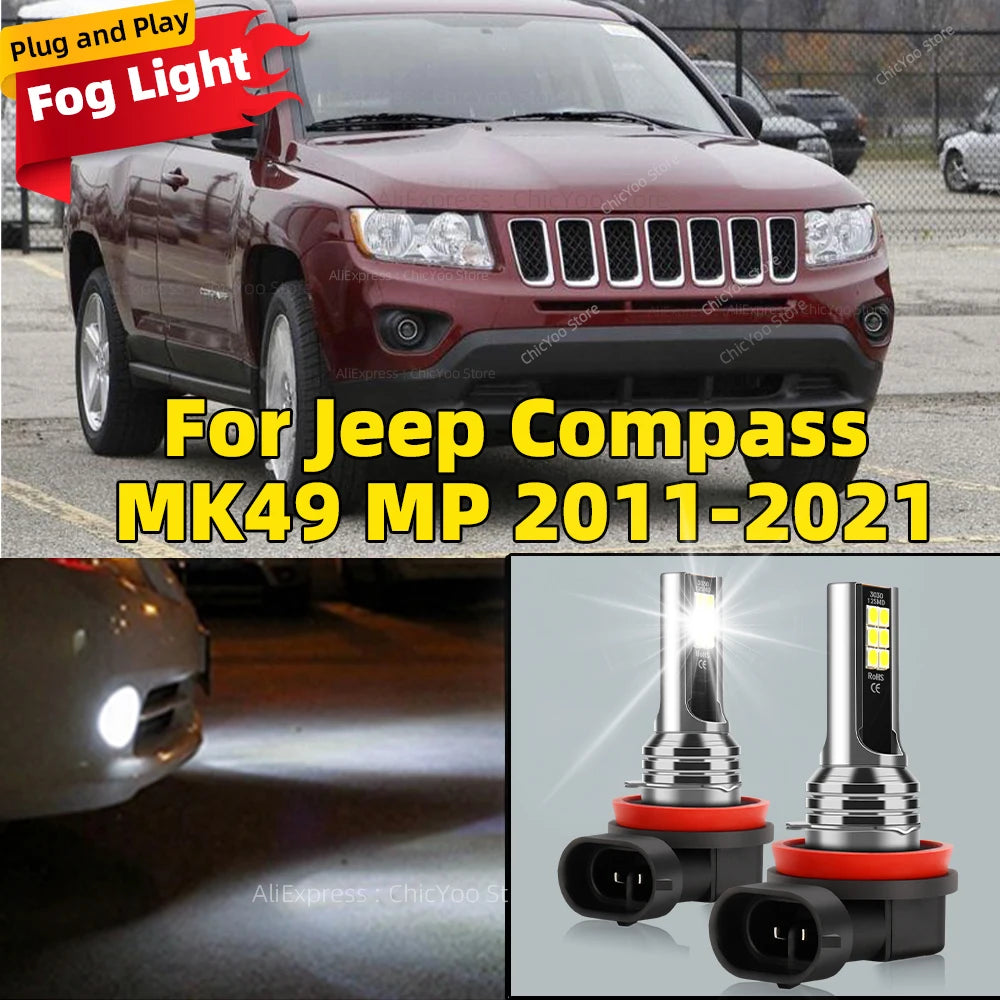 2Pcs 6000K LED Lamp Car Front Fog Light H8 H9 H11 Accessories For Jeep Compass MK49 MP 2011 2012 2013 2014 2015 2016 2017-2021