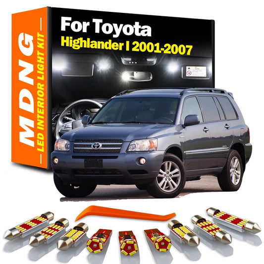 MDNG 11Pc Canbus For Toyota Highlander I 2001 2002 2003 2004 2005 2006 2007 Interior Dome Trunk Plate Light Kit Sun Visor Lamp