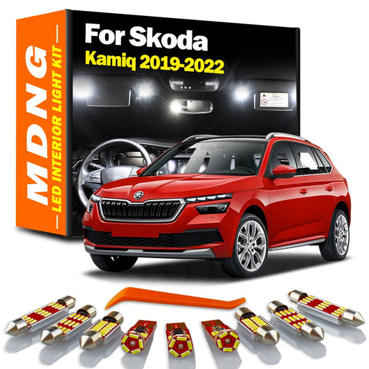 MDNG 9Pcs Canbus Car Accessories For Skoda Kamiq 2019 2020 2021 2022 LED Interior Reading Map Dome Light Kit Trunk Bulbs