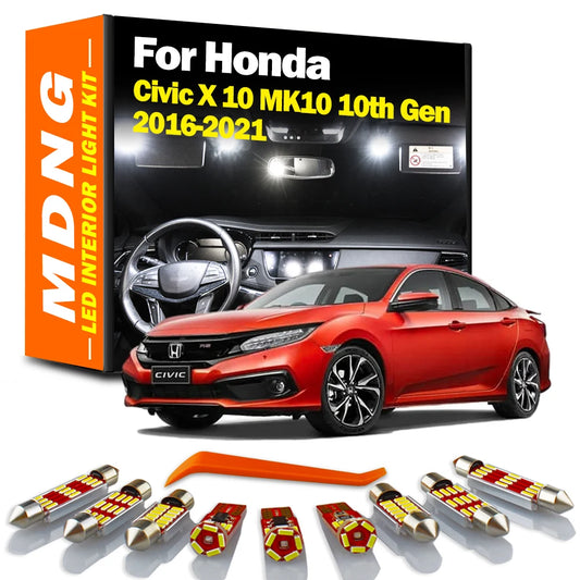 MDNG 10Pcs LED Interior Reading Light Kit For Honda Civic X 10 MK10 10th Gen 2016 2017 2018 2019 2020 2021 Number Plate Bulb