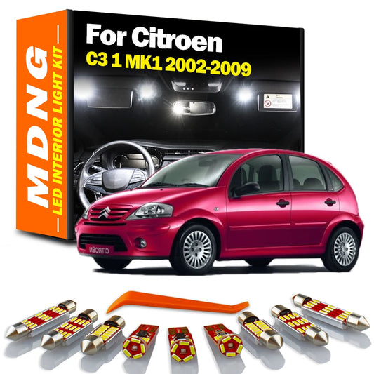 MDNG 10Pcs For Citroen C3 1 MK1 2002 2003 2004 2005 2006 2007 2008 2009 LED Interior Map Dome Trunk Light Kit Number Plate Bulb