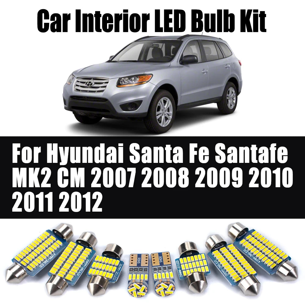 12Pcs LED Interior Map Dome Light Car Bulb Kit For Hyundai Santa Fe Santafe MK2 CM 2007 2008 2009 2010 2011 2012 Sun Visor Lamp