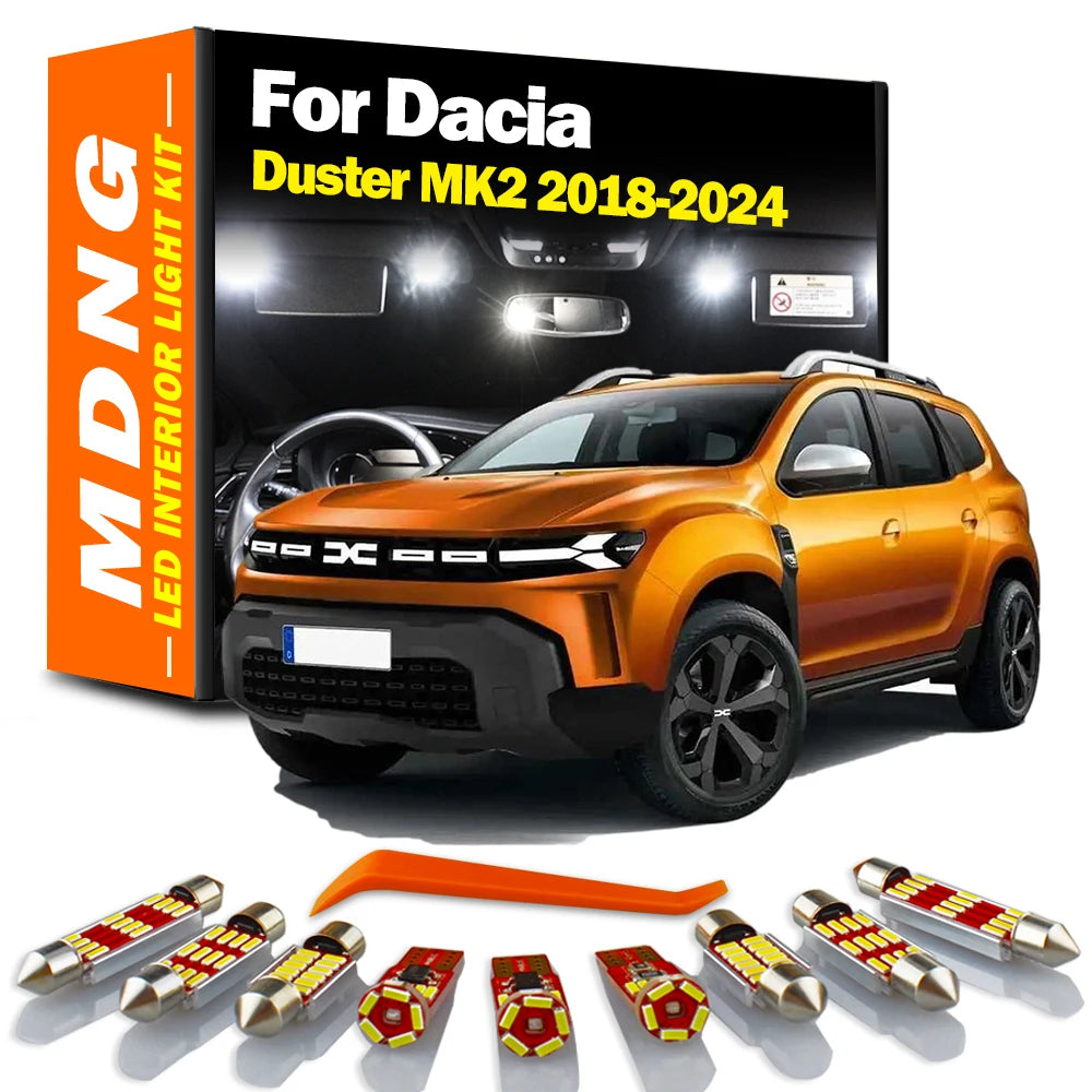 MDNG 10Pcs Car LED Interior Map Trunk Dome Light Kit For Dacia Duster MK2 2018 2019 2020 2021 2022 2023 2024 License Plate Lamp