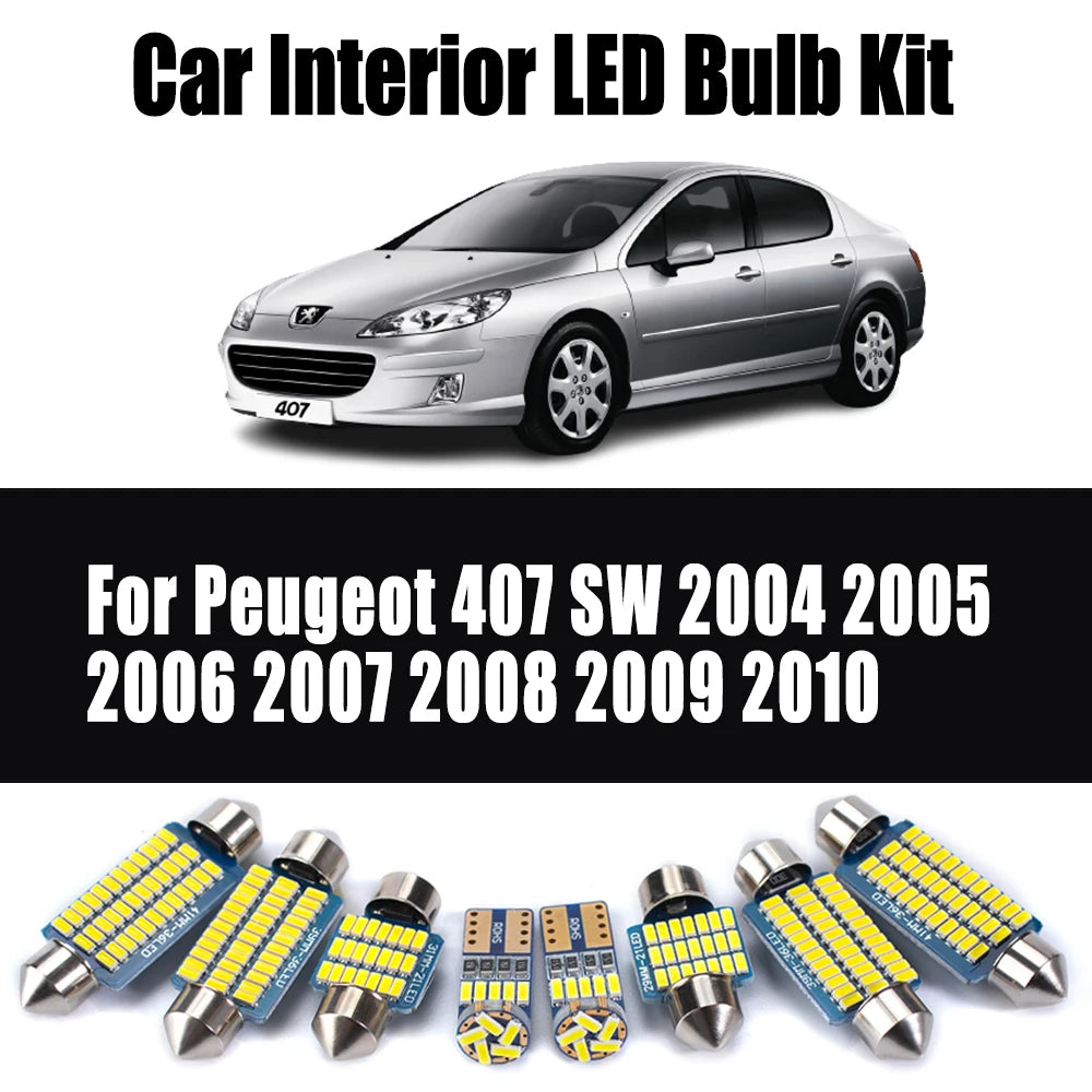 10Pcs LED Interior Ceiling Light Canbus Car Bulbs Kit For Peugeot 407 SW 2004-2008 2009 2010 Map Dome Trunk License Plate Lamp