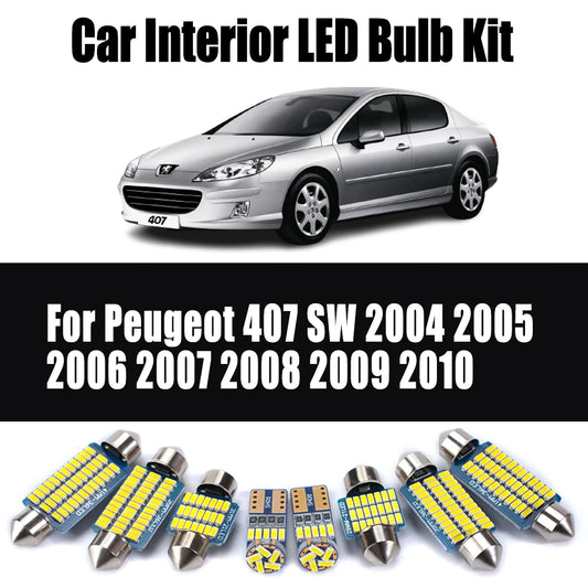 10Pcs LED Interior Ceiling Light Canbus Car Bulbs Kit For Peugeot 407 SW 2004-2008 2009 2010 Map Dome Trunk License Plate Lamp