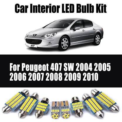 10Pcs LED Interior Ceiling Light Canbus Car Bulbs Kit For Peugeot 407 SW 2004-2008 2009 2010 Map Dome Trunk License Plate Lamp