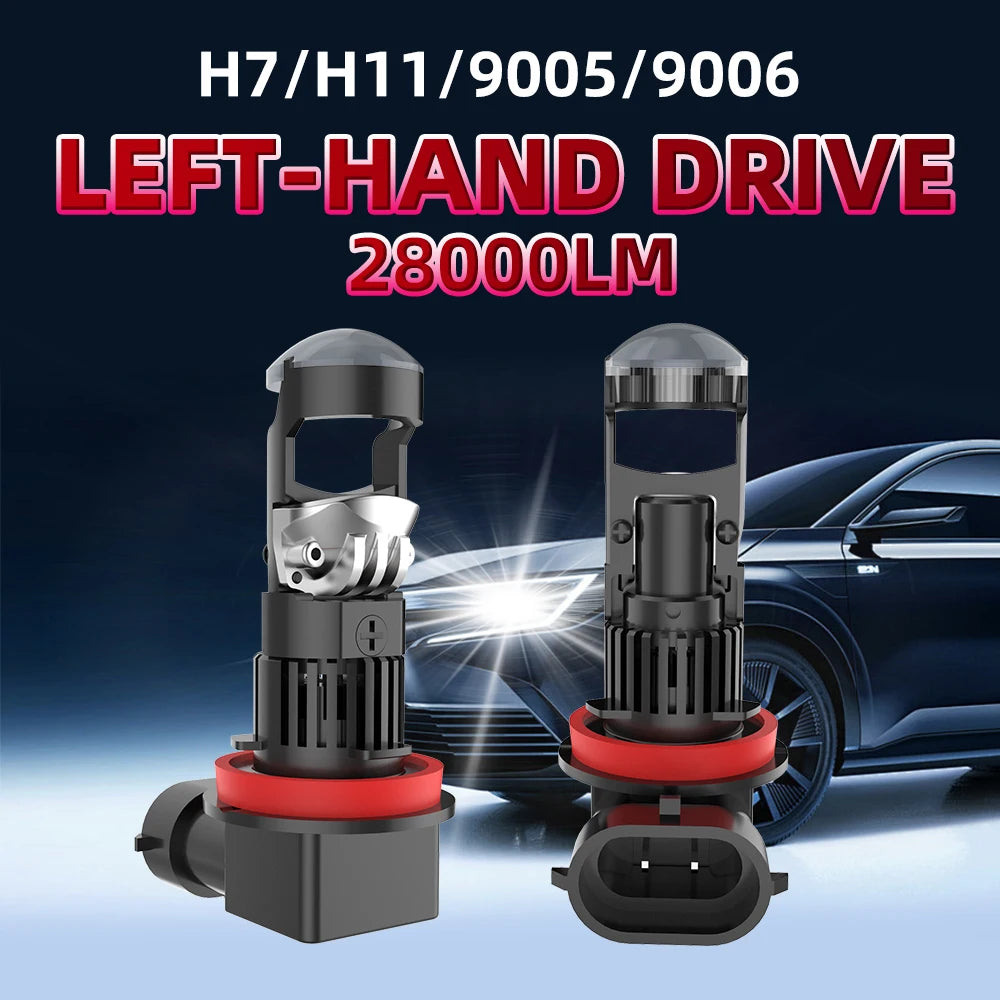 LED H11 Mini Lens Projector Car Lamp 28000LM H7 9005 9006 HB3 HB4 LHD 6000K White Headlight Left Hand Drive 12V CSP Chip Bulbs