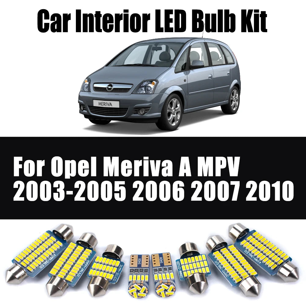 10Pcs Canbus For Opel Meriva A MPV 2003-2005 2006 2007 2010 LED Interior Dome Map Light Kit Car Trunk Reading Bulbs Accessories