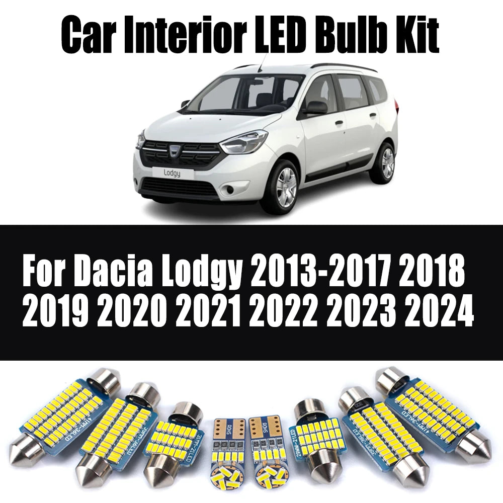 11Pcs Canbus Reading Dome Bulb Set Car Accessories For Dacia Lodgy 2013-2022 2023 2024 Car Number Plate Trunk LED Interior Light